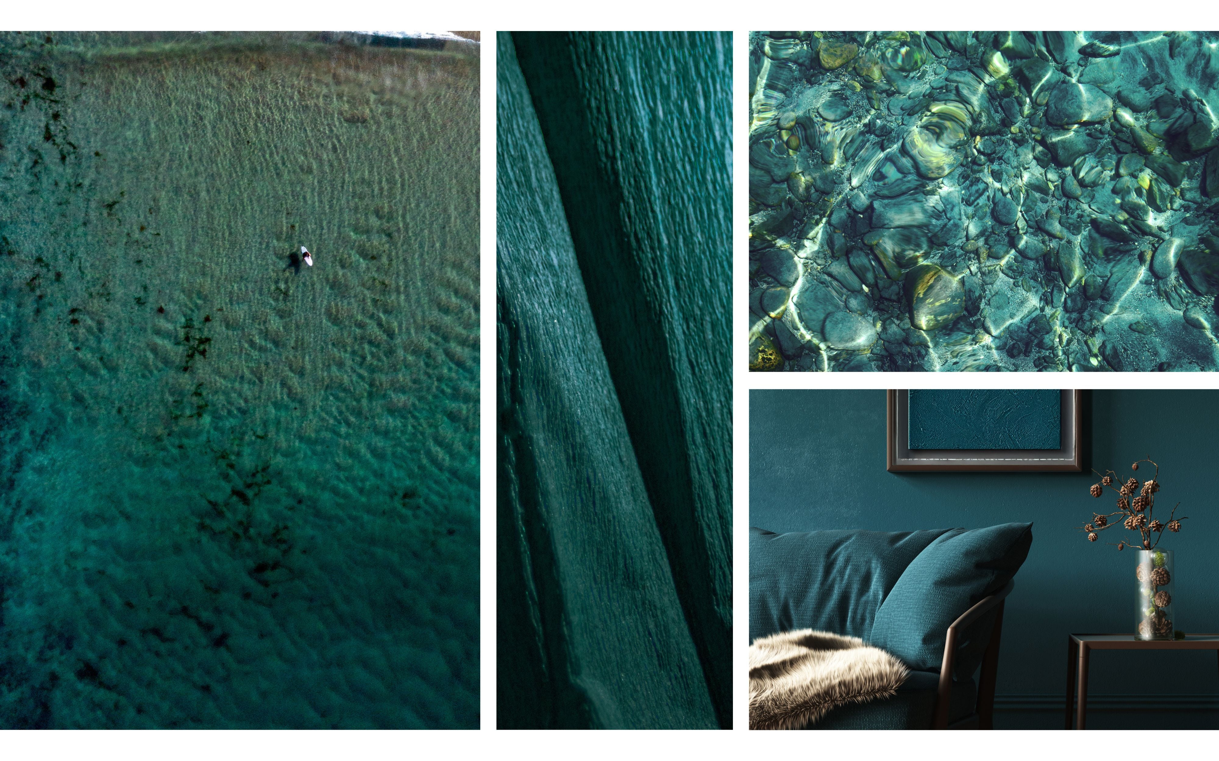 Teal interior design inspiration featuring oceanic imagery, layered blue-green textures, and a serene teal living room, reflecting teal’s emotional resonance through feelings of calm, grounding, and restorative comfort in interior design.