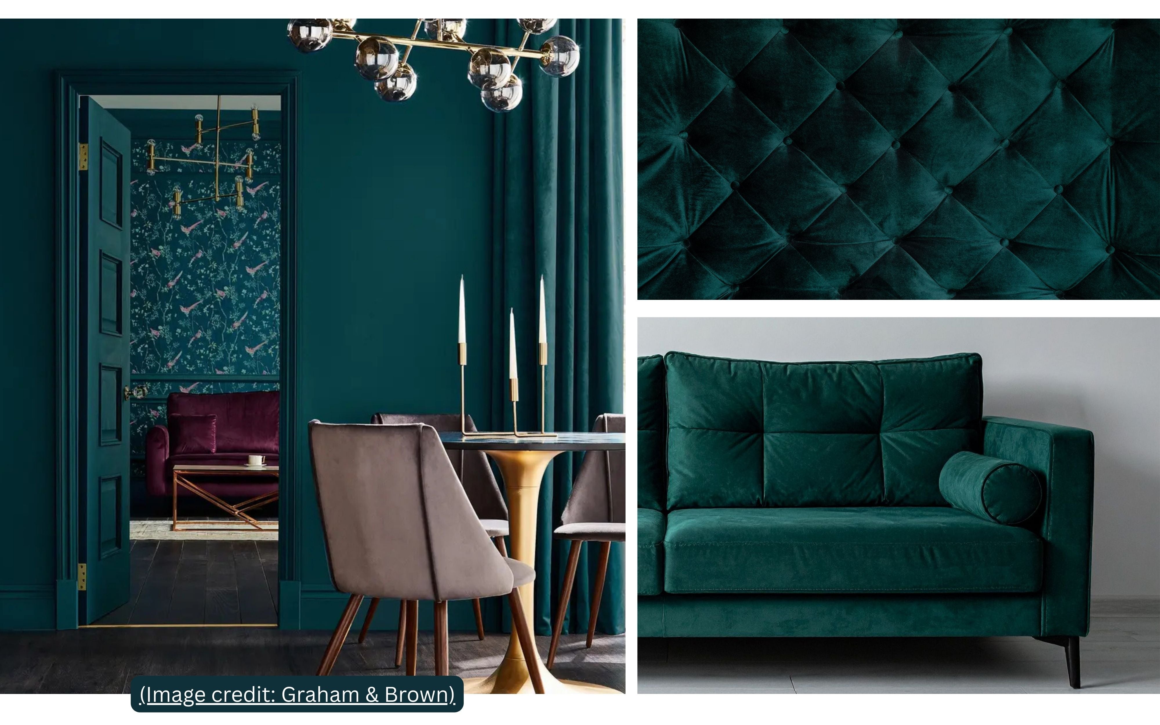 Teal interior design inspiration showcasing smoky teal walls and upholstered seating, illustrating how blue-green tones forecasted for 2026 are being integrated into contemporary interior palettes.