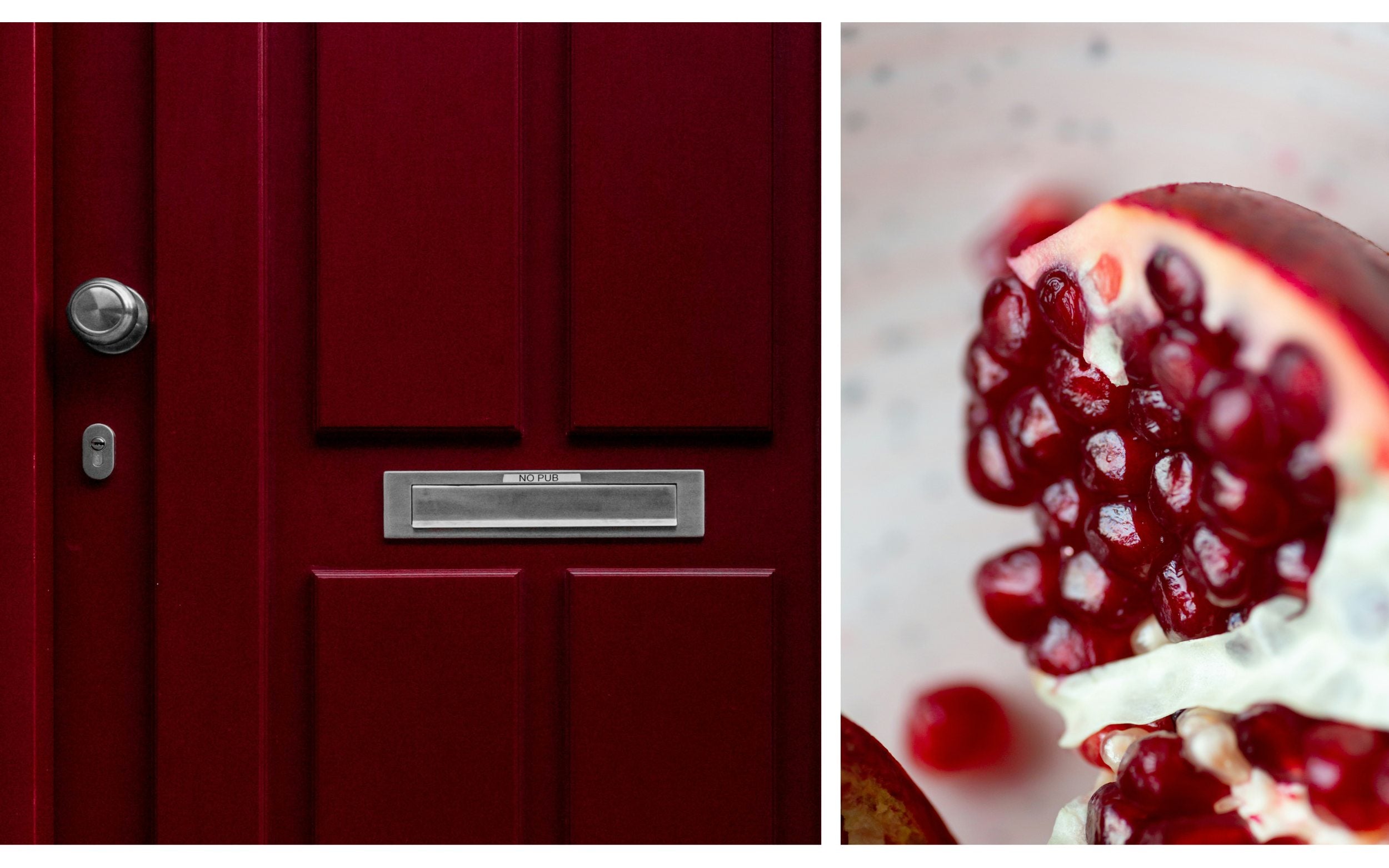 Burgundy color trend inspiration featuring a deep burgundy painted front door with silver hardware alongside a close-up of a pomegranate revealing glossy burgundy seeds, highlighting rich red tones in both home design and nature.