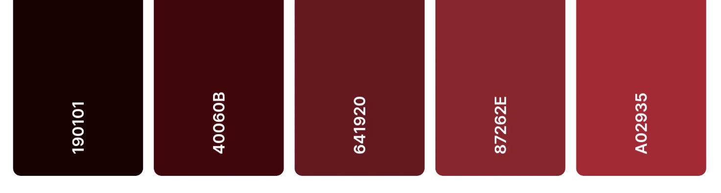 A horizontal row of five burgundy color swatches ranging from deep, nearly black red to brighter rosy burgundy, each labeled with its hex code: 190101, 40060B, 641920, 87262E, and A02935.