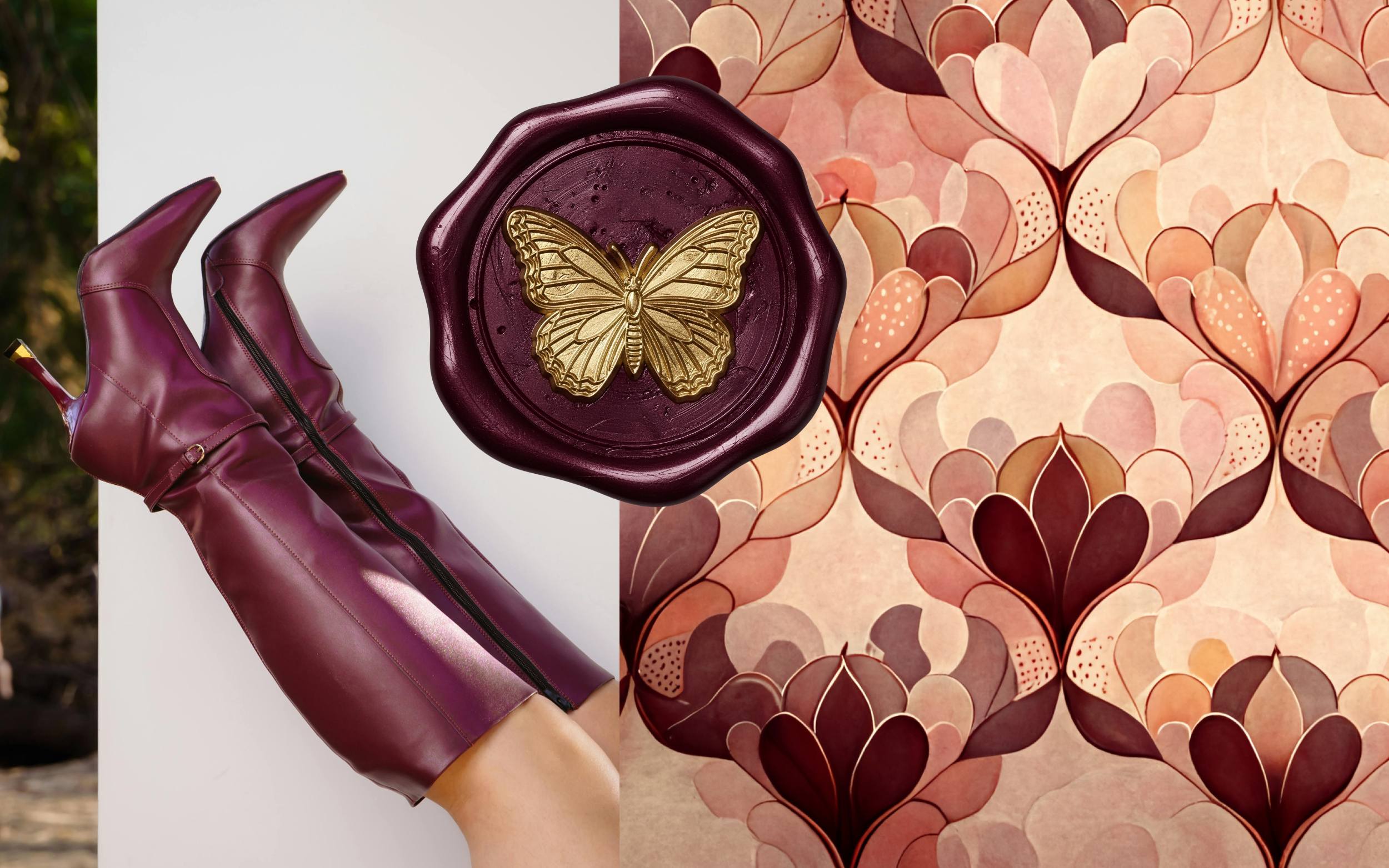 Burgundy color trend inspiration featuring glossy burgundy knee-high fashion boots, a burgundy wax seal with a gold butterfly emblem, and a vintage-inspired floral pattern in burgundy, blush, and warm neutral tones, highlighting rich red hues across fashion and decorative design.