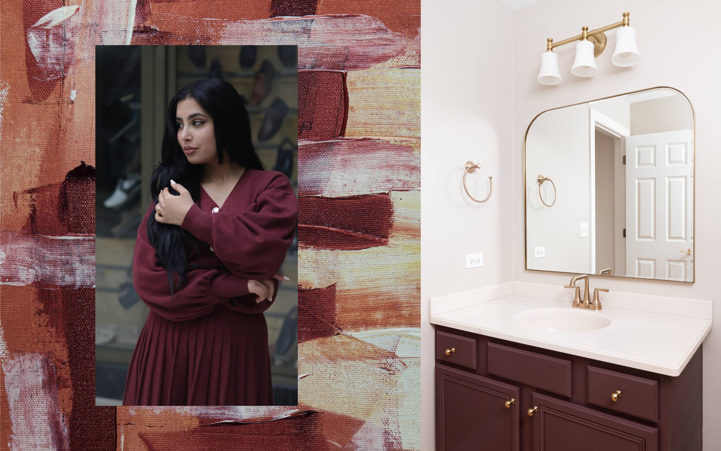 Burgundy color trend inspiration featuring a woman in a burgundy dress layered over textured burgundy abstract artwork beside a modern bathroom vanity with burgundy cabinets, gold hardware, a curved mirror, and soft neutral walls, highlighting burgundy’s influence in fashion and interior design.