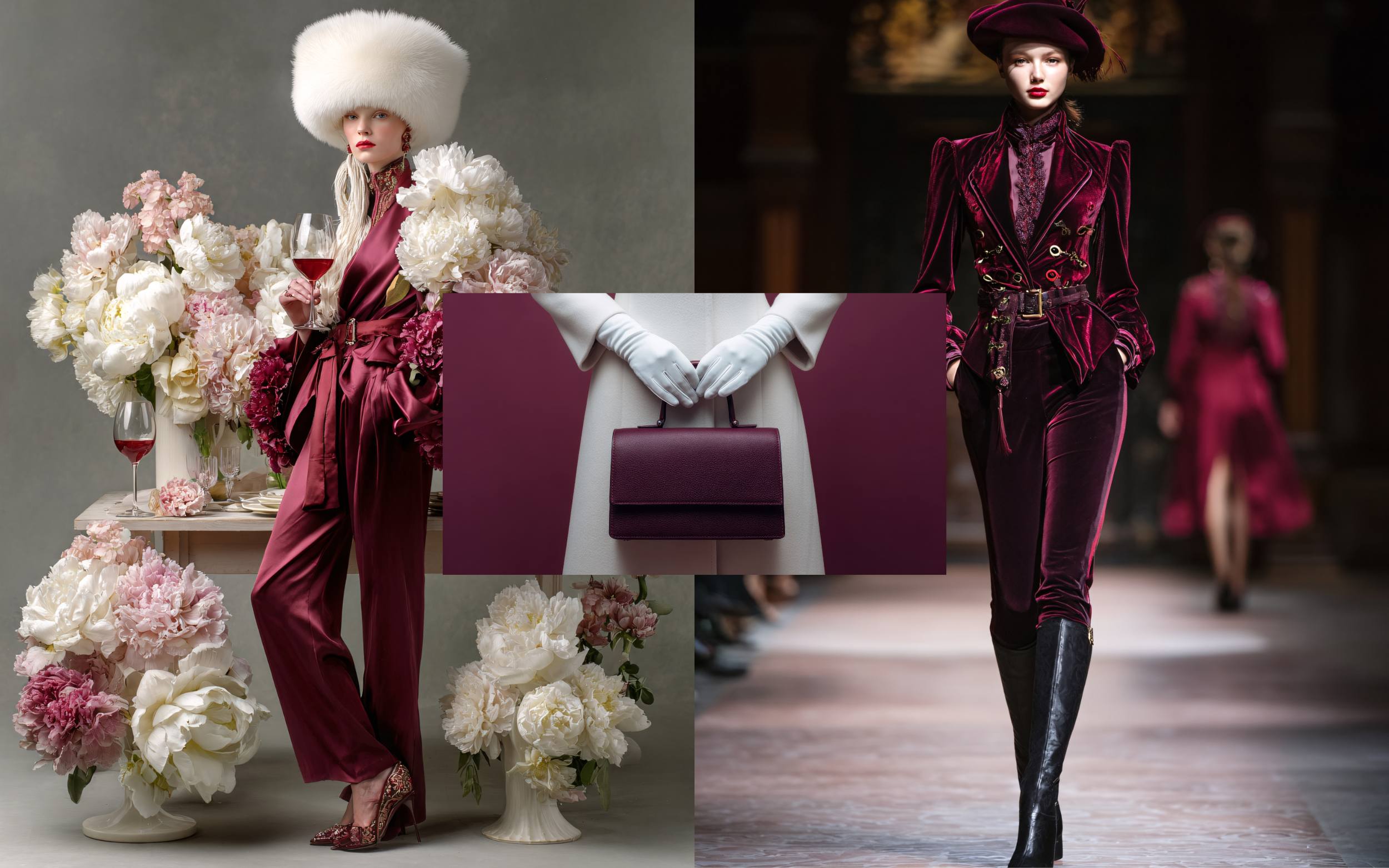 Burgundy fashion inspiration featuring a model in a luxurious burgundy satin ensemble surrounded by white peonies, a central close-up of white-gloved hands holding a structured burgundy handbag, and a runway model wearing an opulent burgundy velvet suit and hat, showcasing rich burgundy tones in high-fashion styling and couture design.