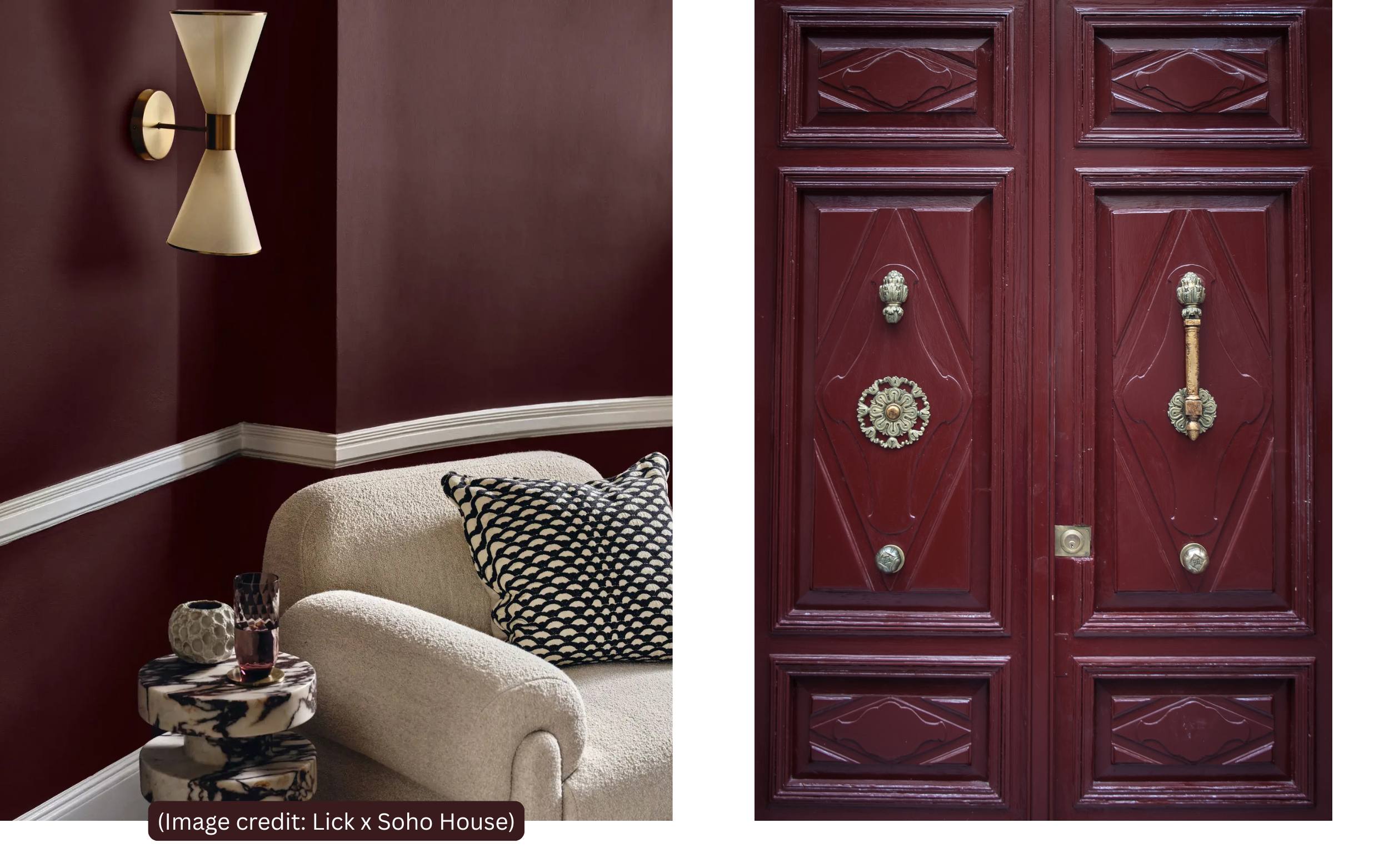 Burgundy interior and exterior design inspiration featuring a modern living room with deep burgundy walls, neutral furniture, gold wall sconces, and textured décor alongside an ornate burgundy double door with intricate gold hardware and carved detailing, showcasing rich burgundy tones in home aesthetics.