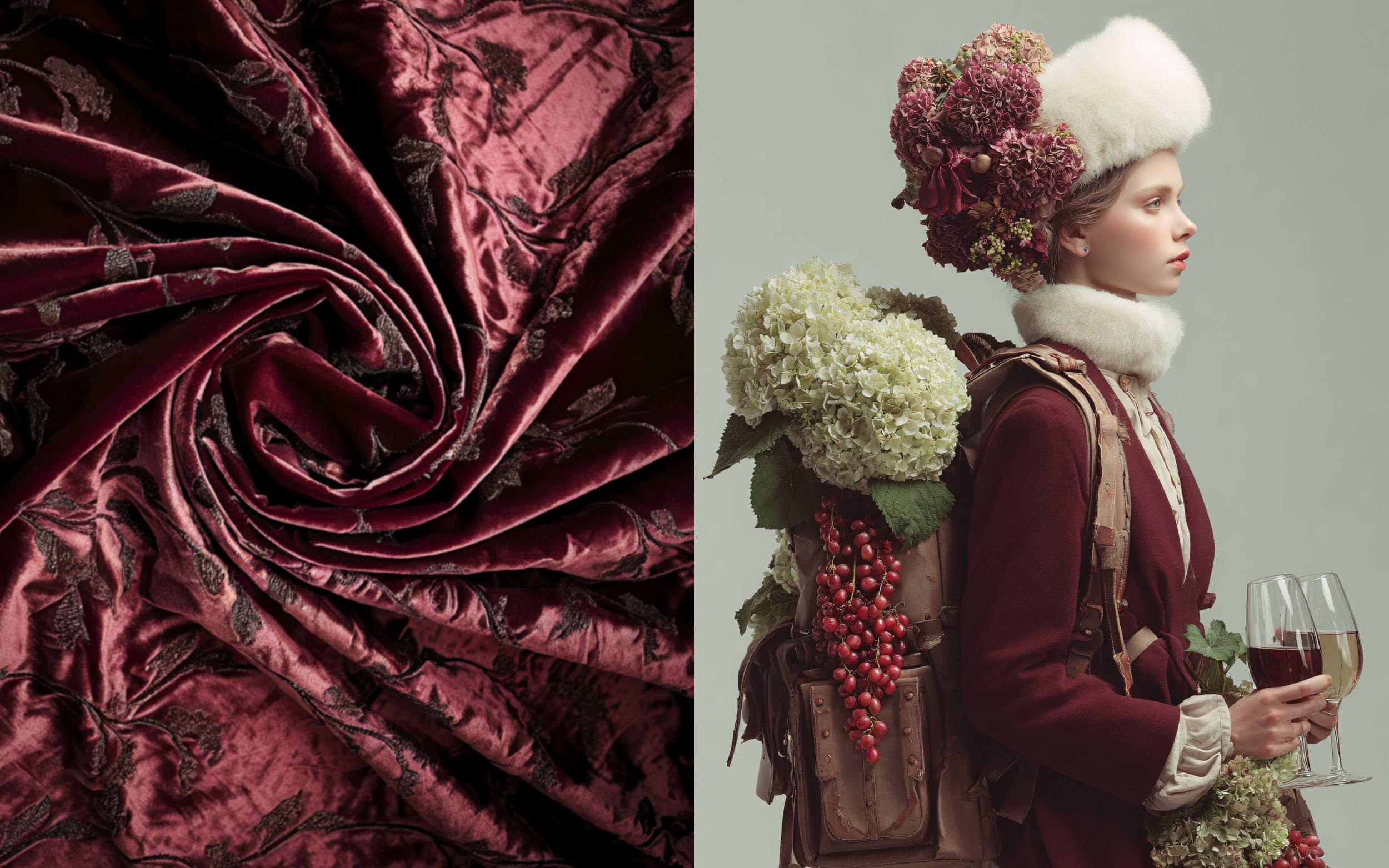 Burgundy color trend inspiration featuring luxurious burgundy embroidered velvet fabric and a fashion portrait of a woman in a burgundy coat with a white fur hat, carrying hydrangeas and berries in a backpack while holding wine glasses, highlighting rich burgundy tones in textiles, couture styling, and artistic design.