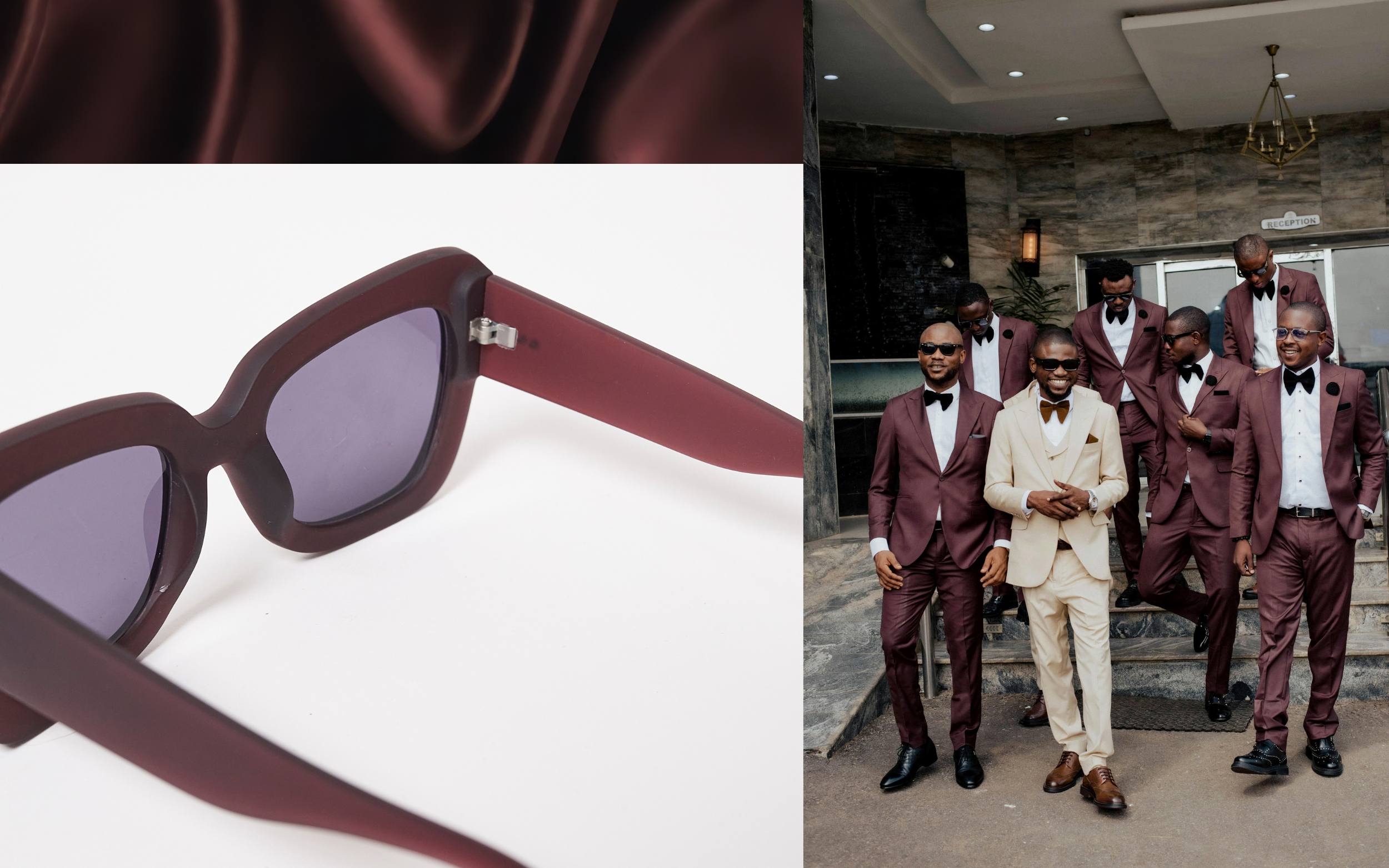 Burgundy color trend inspiration featuring burgundy acetate sunglasses with tinted lenses, rich burgundy satin fabric, and a stylish wedding party where groomsmen wear coordinated burgundy suits alongside a groom in cream, showcasing burgundy’s influence in fashion, accessories, and formalwear design.