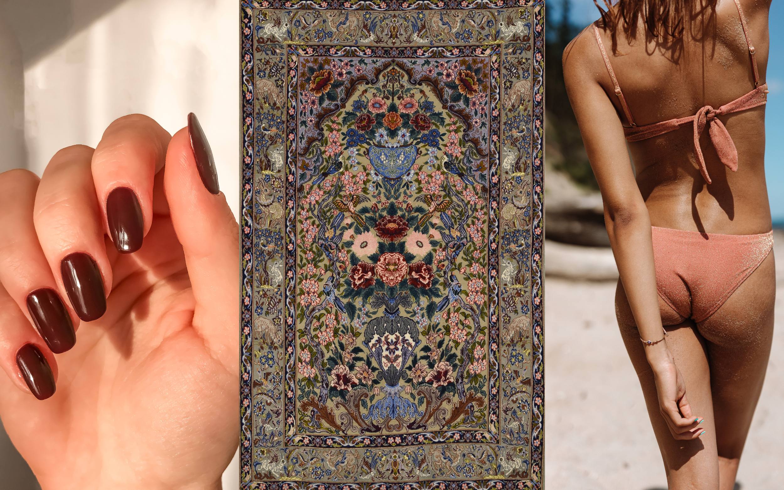 Burgundy beauty and design inspiration featuring dark burgundy manicure nails, an ornate floral Persian-style rug with rich burgundy accents, and a woman in a blush pink textured bikini on the beach, showcasing warm burgundy-influenced tones across fashion, home décor, and lifestyle aesthetics.