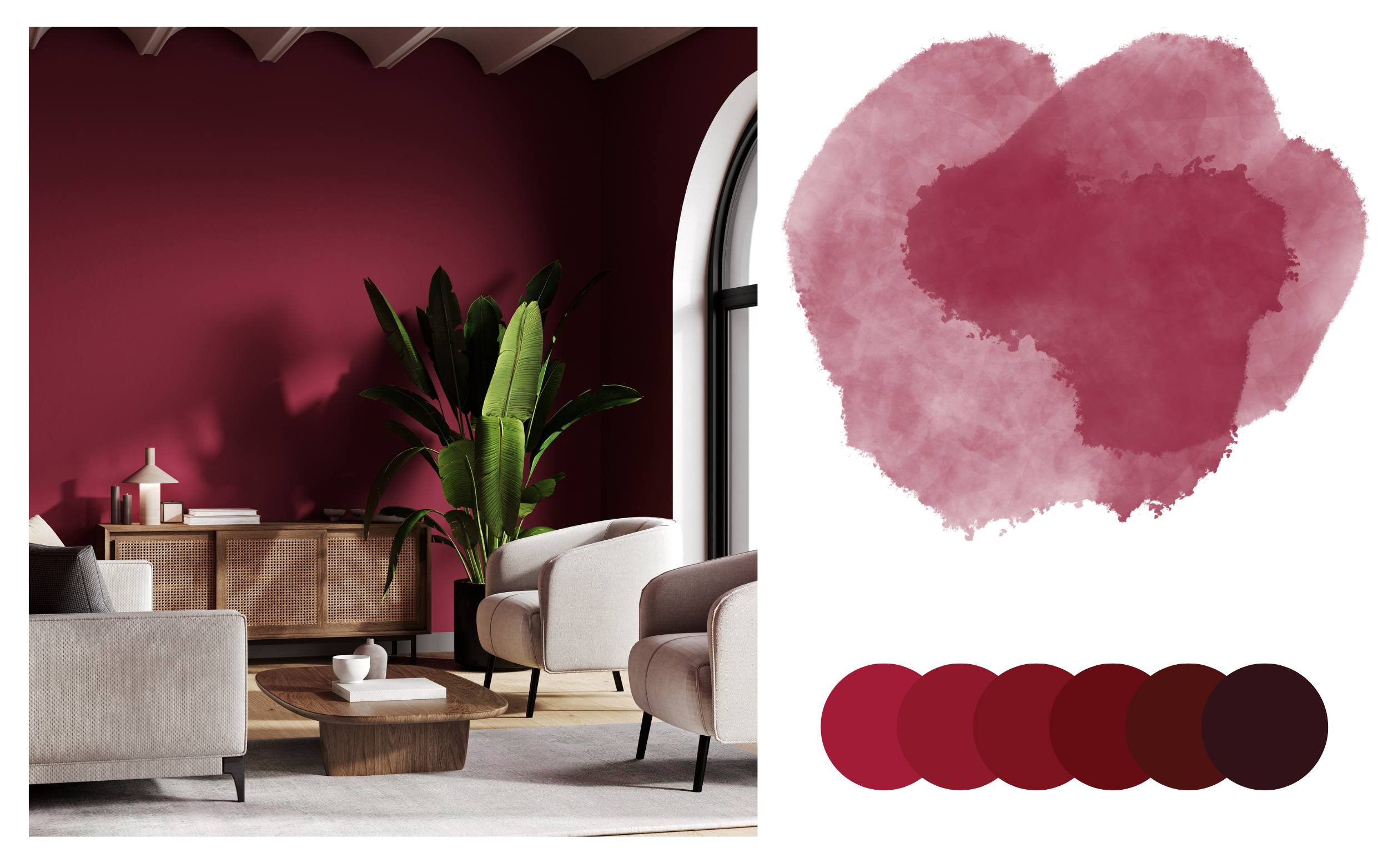 Burgundy interior design inspiration featuring a modern living room with rich burgundy walls, neutral furniture, natural wood accents, and lush green plants, paired with a burgundy watercolor swatch and a coordinating burgundy color palette showcasing multiple deep red tones.