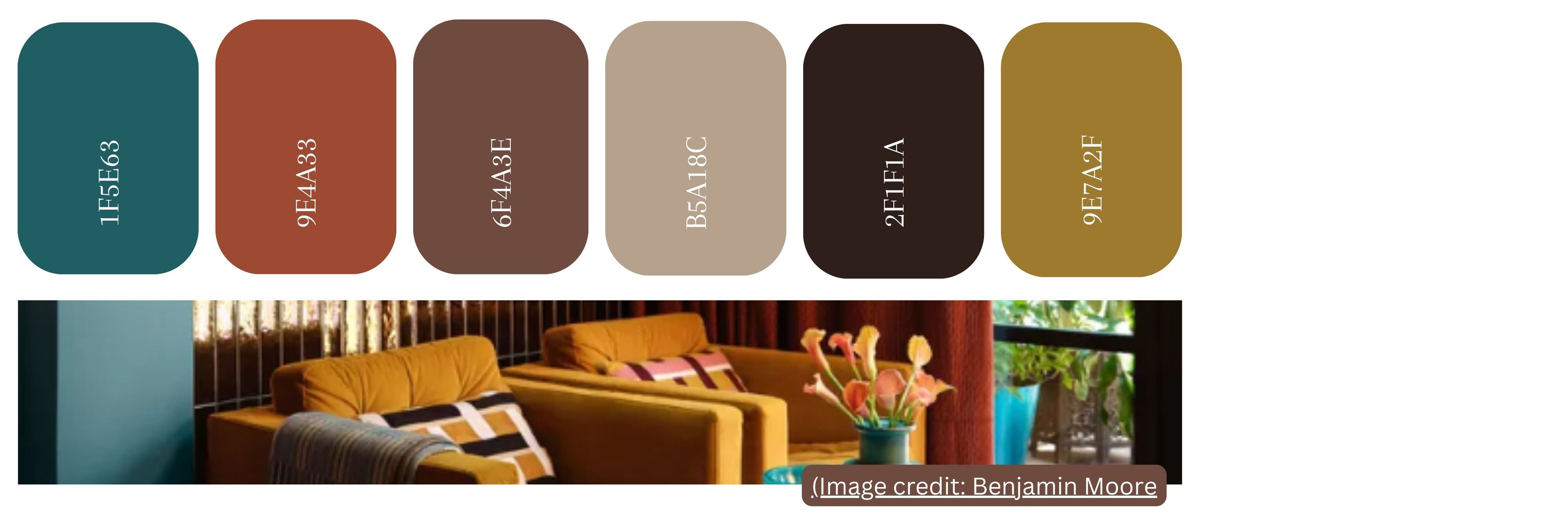 Teal and earth-inspired color palette featuring six rounded rectangular swatches arranged in a horizontal line, including a deep blue-green teal hex code 1F5E63, warm terracotta clay hex code 9E4A33, rich walnut brown hex code 6F4A3E, soft taupe beige hex code B5A18C, deep espresso brown hex code 2F1F1A, and muted ochre gold hex code 9E7A2F, paired with an interior scene showing mustard-toned seating, teal accents, and warm, layered textures.