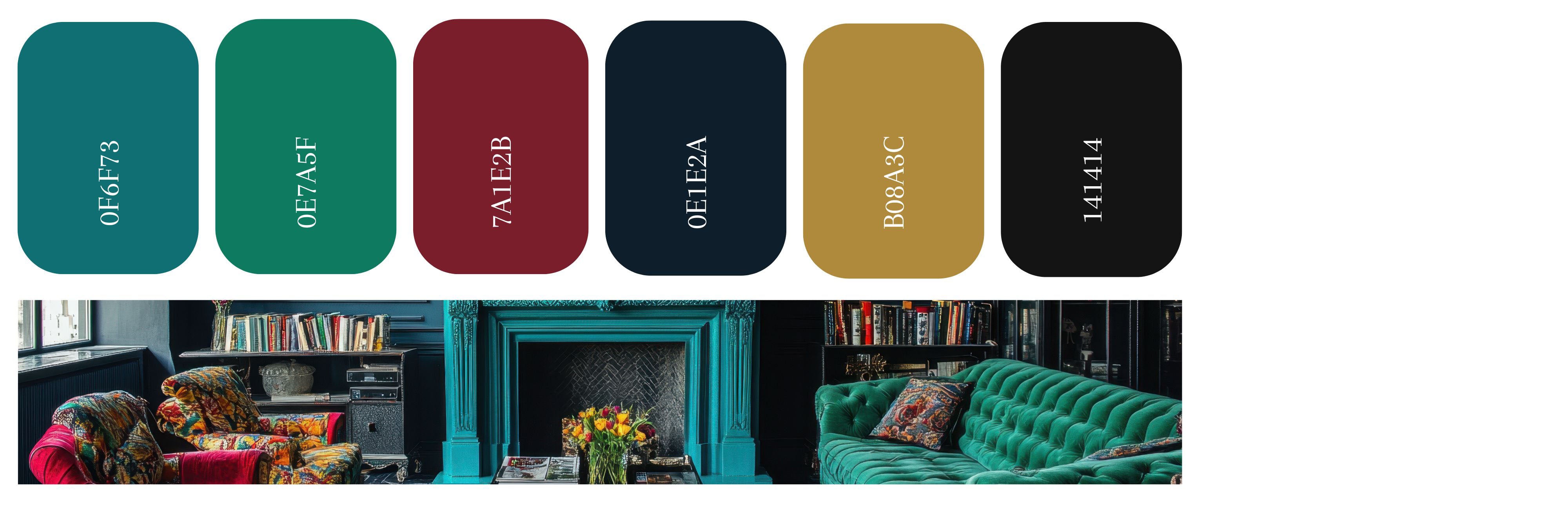 Teal color pairing inspiration featuring six rectangular color swatches arranged in a horizontal line, showcasing jewel tones that complement teal, including a deep teal blue hex code 0F6F73, a rich emerald green hex code 0E7A5F, a saturated burgundy red hex code 7A1E2B, a dark sapphire navy hex code 0E1E2A, a warm mustard gold hex code B08A3C, and a deep near-black charcoal hex code 141414, paired with an interior scene highlighting teal upholstery, jewel-toned seating, and layered, dramatic color contrast.