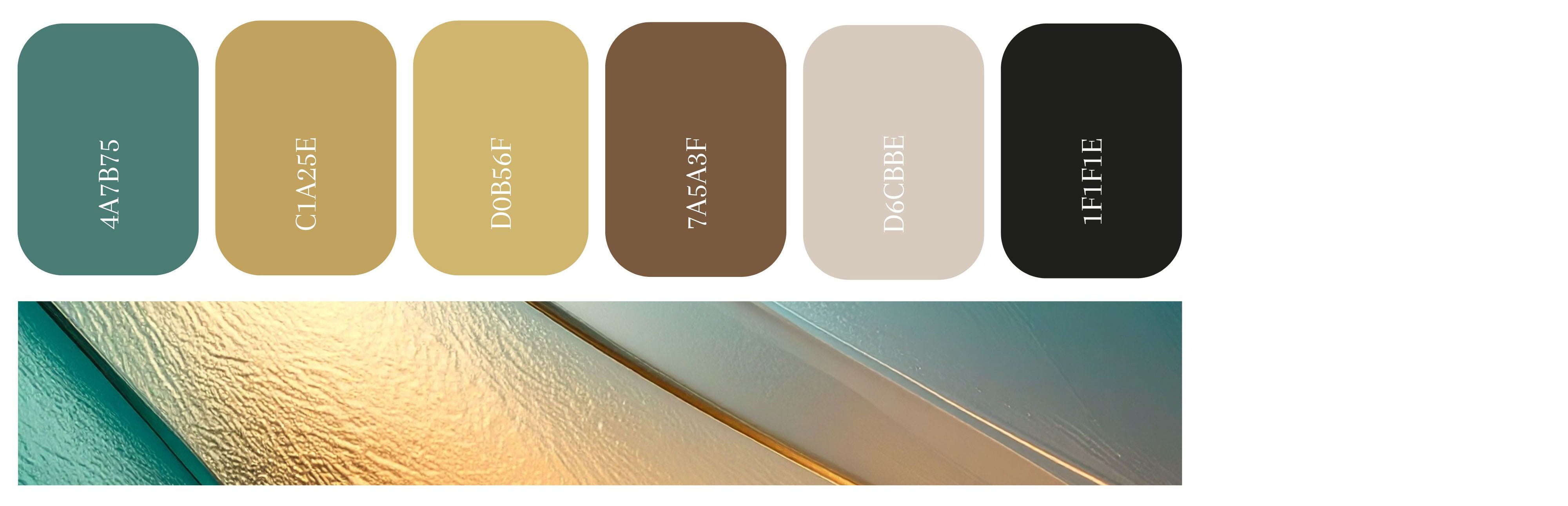 Teal color pairing inspiration featuring six rectangular color swatches arranged in a horizontal line, showcasing metallic-inspired tones that complement teal, including a muted teal green hex code 4A7B75, a warm brushed brass gold hex code C1A25E, a soft antique gold hex code D0B56F, a deep aged bronze brown hex code 7A5A3F, a light champagne beige hex code D6CBBE, and a rich matte black hex code 1F1F1E, paired with a refined interior vignette highlighting metallic accents, warm reflective surfaces, and teal elements that create contrast and visual depth.