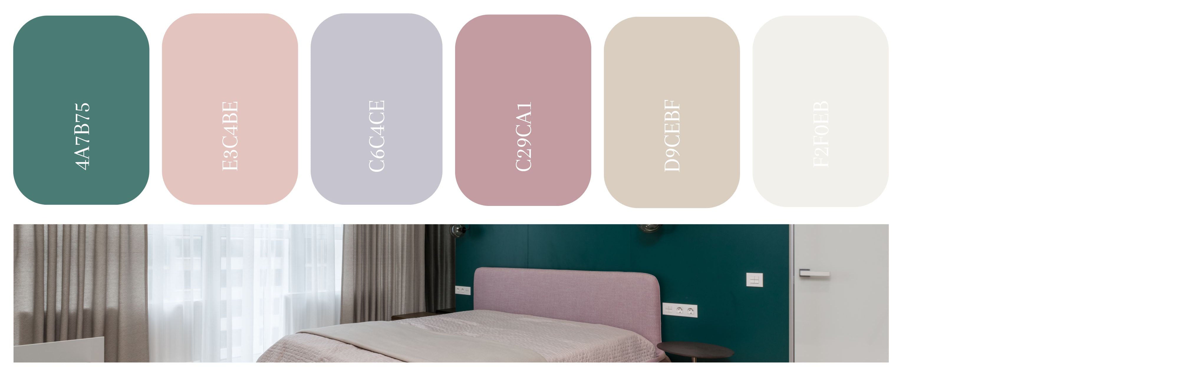Teal color pairing inspiration featuring six rectangular color swatches arranged in a horizontal line, showcasing soft pastel tones that pair gently with teal, including a muted teal green hex code 4A7B75, a soft blush pink hex code E3C4BE, a pale lavender grey hex code C6C4CE, a dusty rose mauve hex code C29CA1, a warm light beige hex code D9CEBF, and a creamy off-white hex code F2F0EB, paired with a serene bedroom interior highlighting teal accent walls, pastel upholstery, and a calm, balanced color palette.