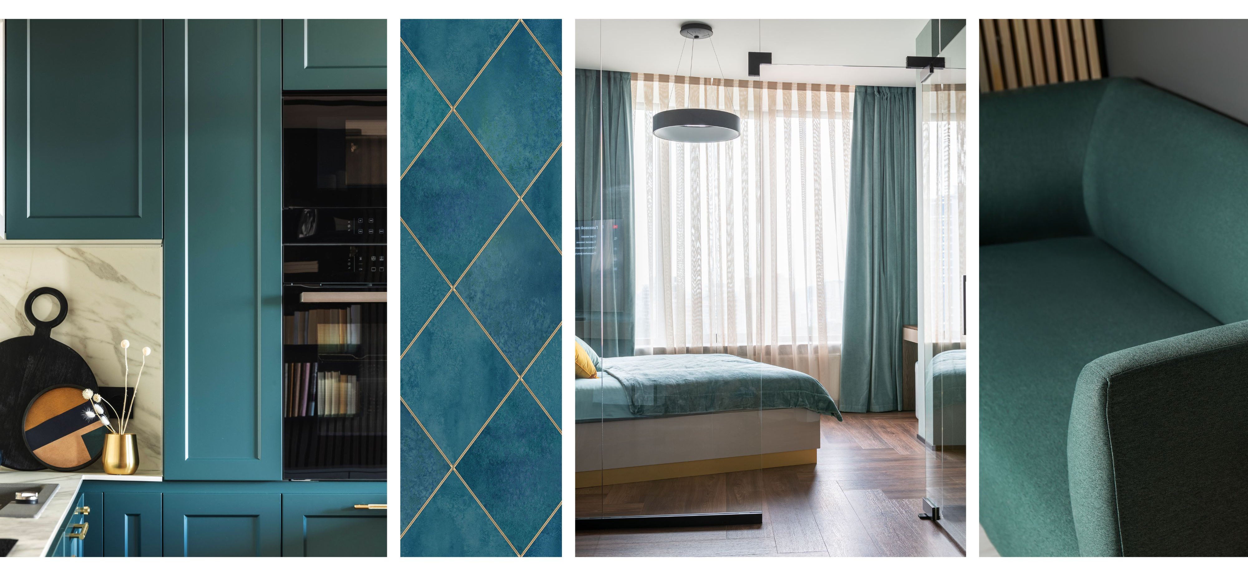 Teal interior design inspiration showcasing the versatility of teal across cabinetry, patterned wall finishes, drapery, bedding, and upholstered furniture, demonstrating how blue-green tones adapt seamlessly across modern home interiors.
