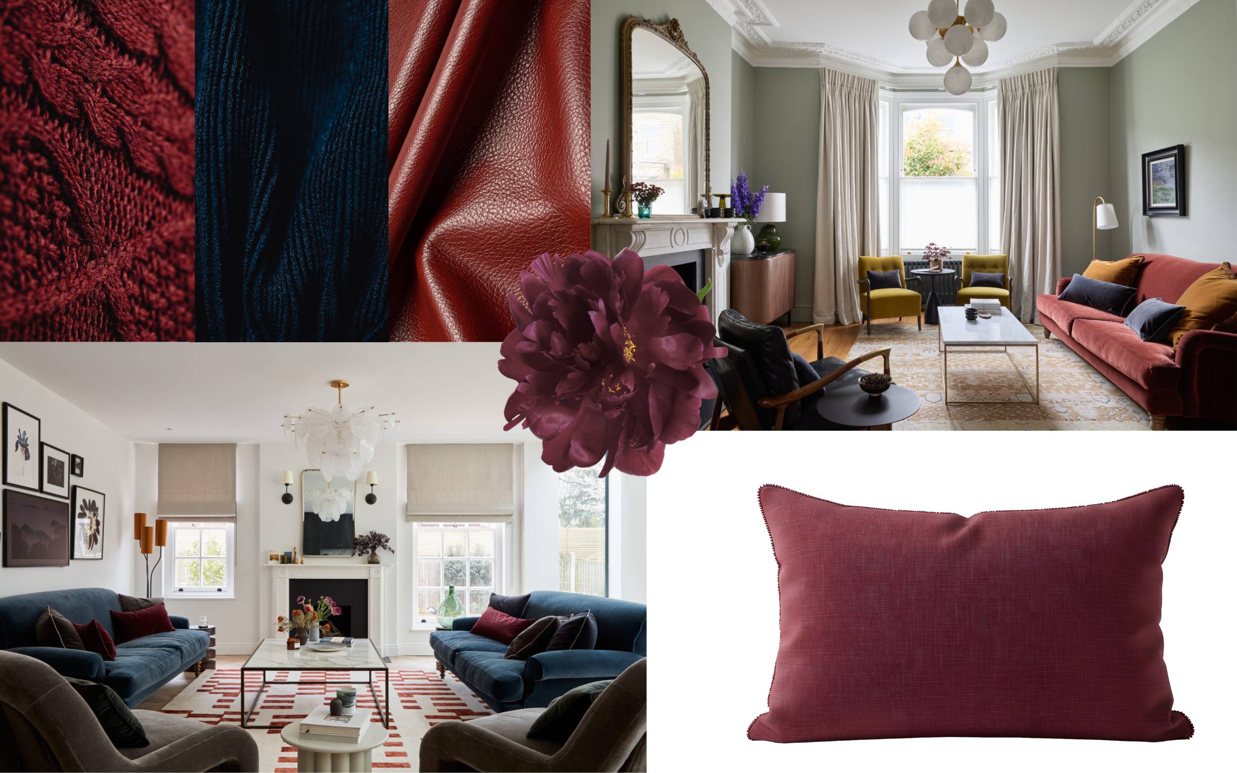 Burgundy home styling inspiration collage featuring rich burgundy knit and leather textures, navy textiles, and elegant living rooms styled with burgundy, mustard, and neutral accents. A deep burgundy peony overlays the composition, paired with a burgundy decorative pillow, showcasing how burgundy fabrics and decor elevate modern interior design.