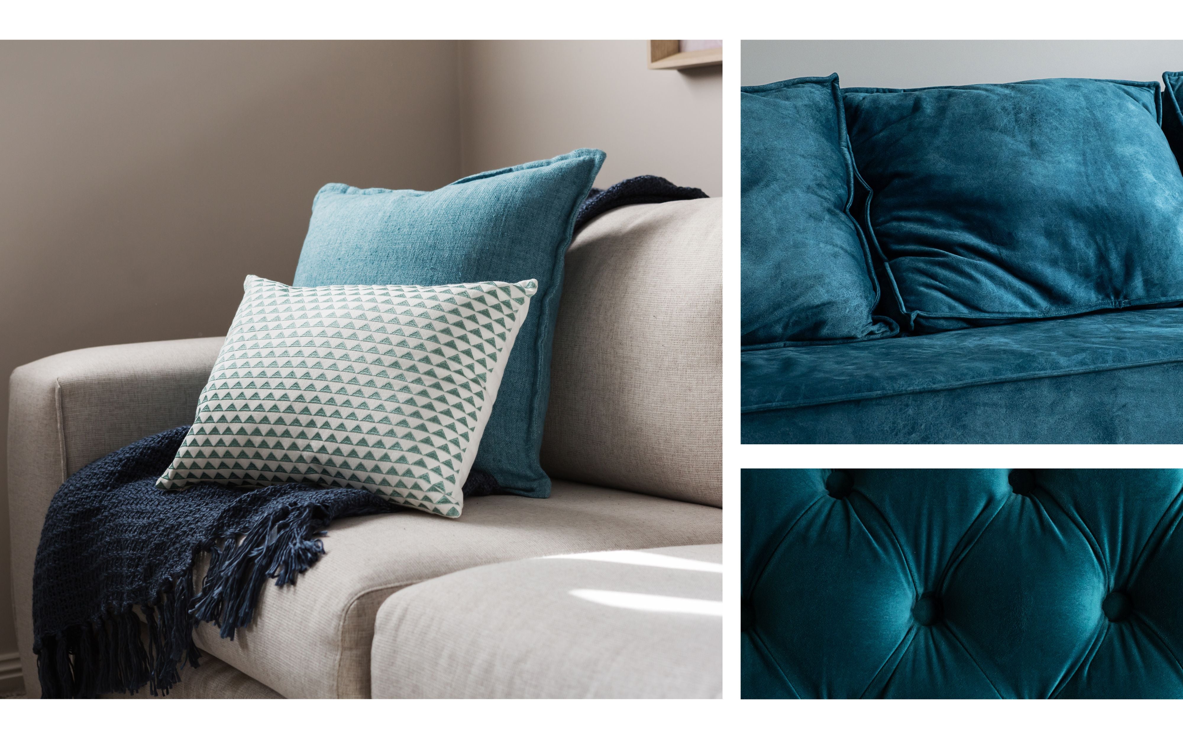 Teal interior design inspiration highlighting teal velvet and woven fabric textures used on sofas, tufted upholstery, and accent pillows, showcasing teal’s versatility across home textiles, performance fabrics, and upholstered furniture.