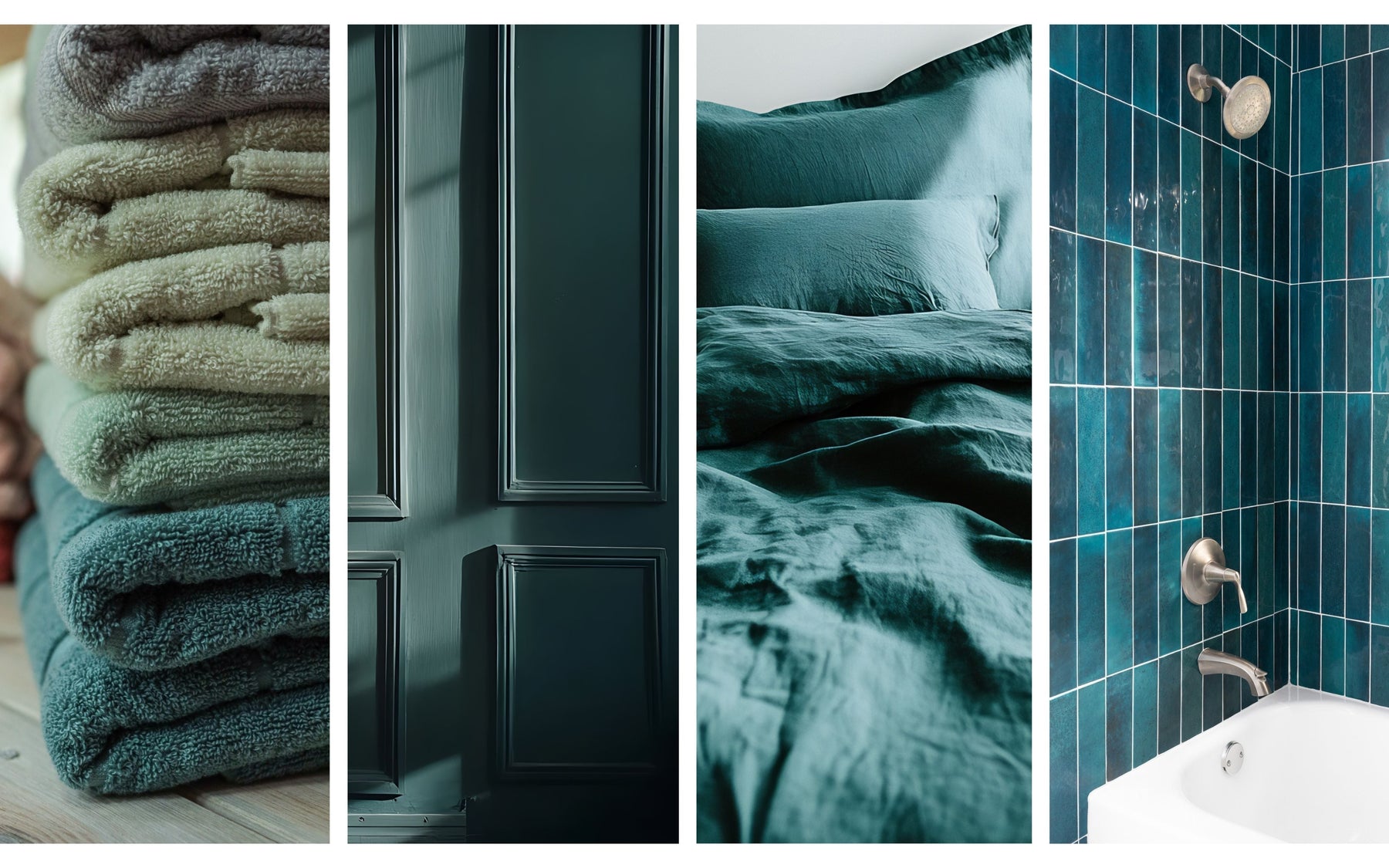 Teal interior design inspiration banner featuring layered teal bath towels, painted cabinetry, soft teal bedding, and glossy teal tile, showcasing how teal is used across home textiles, cabinetry, and bathroom design to create calm, cohesive interiors.