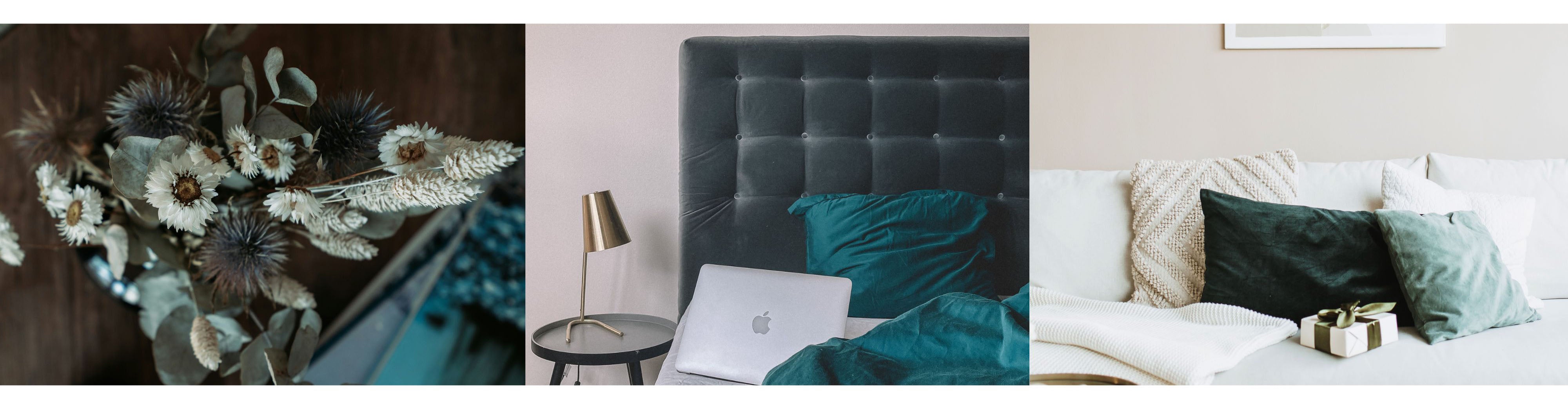 eal interior design inspiration featuring a serene bedroom and living space styled with teal bedding, accent pillows, and organic décor elements, showcasing blue-green tones layered with neutrals for a calm, modern home interior aesthetic.