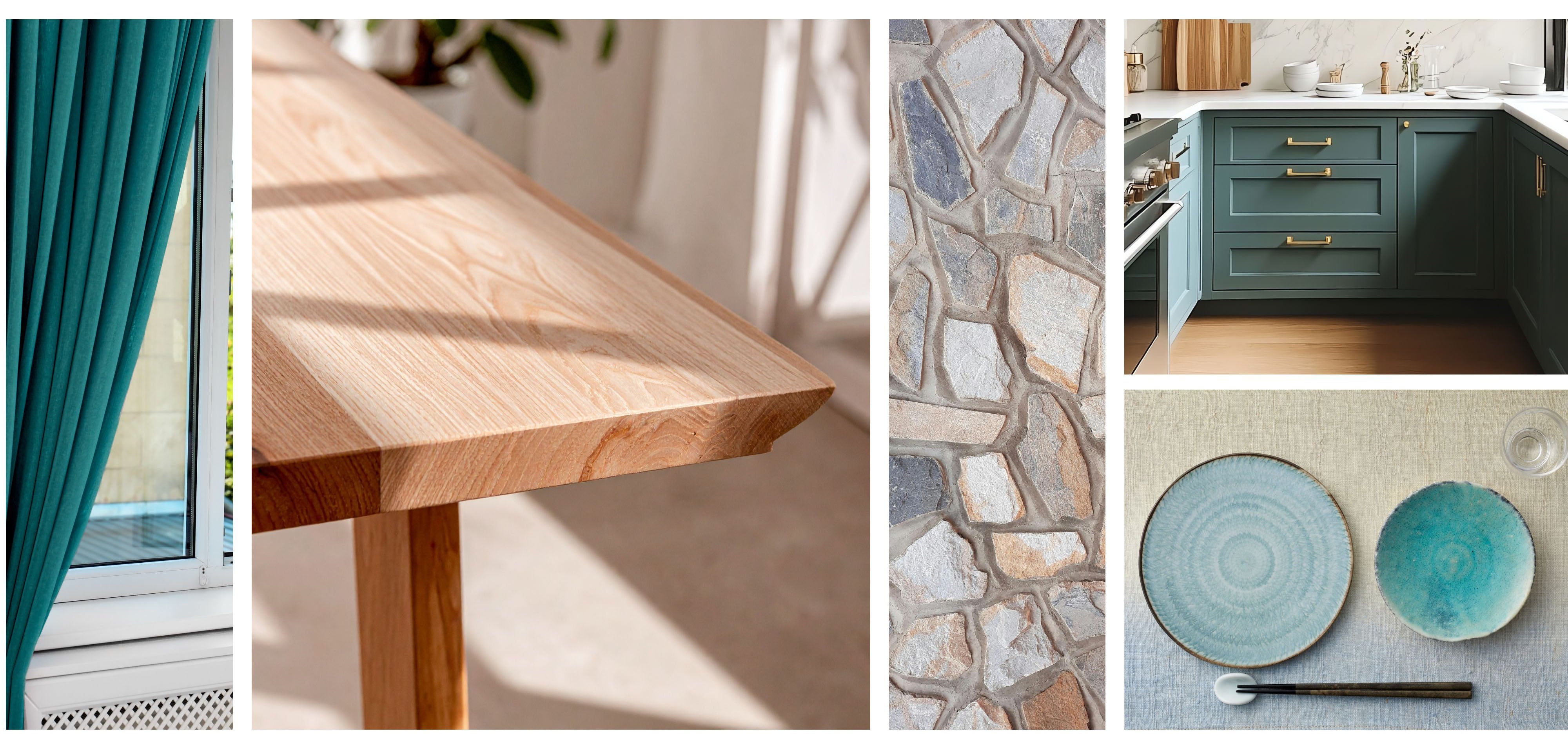 Teal interior design inspiration showcasing teal drapery and cabinetry paired with natural wood surfaces, warm stone textures, handmade ceramics, and matte brass accents, illustrating how blue-green tones complement current material trends in 2026 interiors.