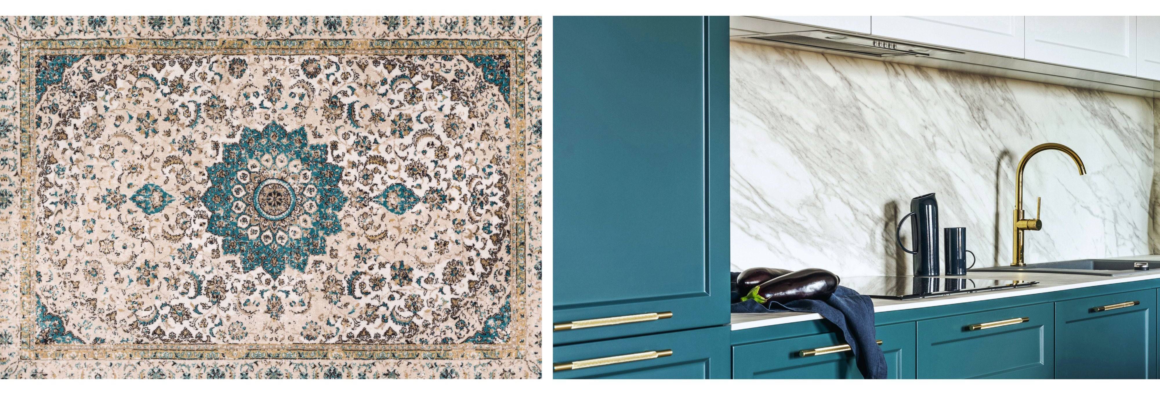 Teal interior design inspiration featuring a traditional patterned area rug alongside modern teal kitchen cabinetry with marble surfaces and brass hardware, illustrating how blue-green tones bridge classic and contemporary interior styles.