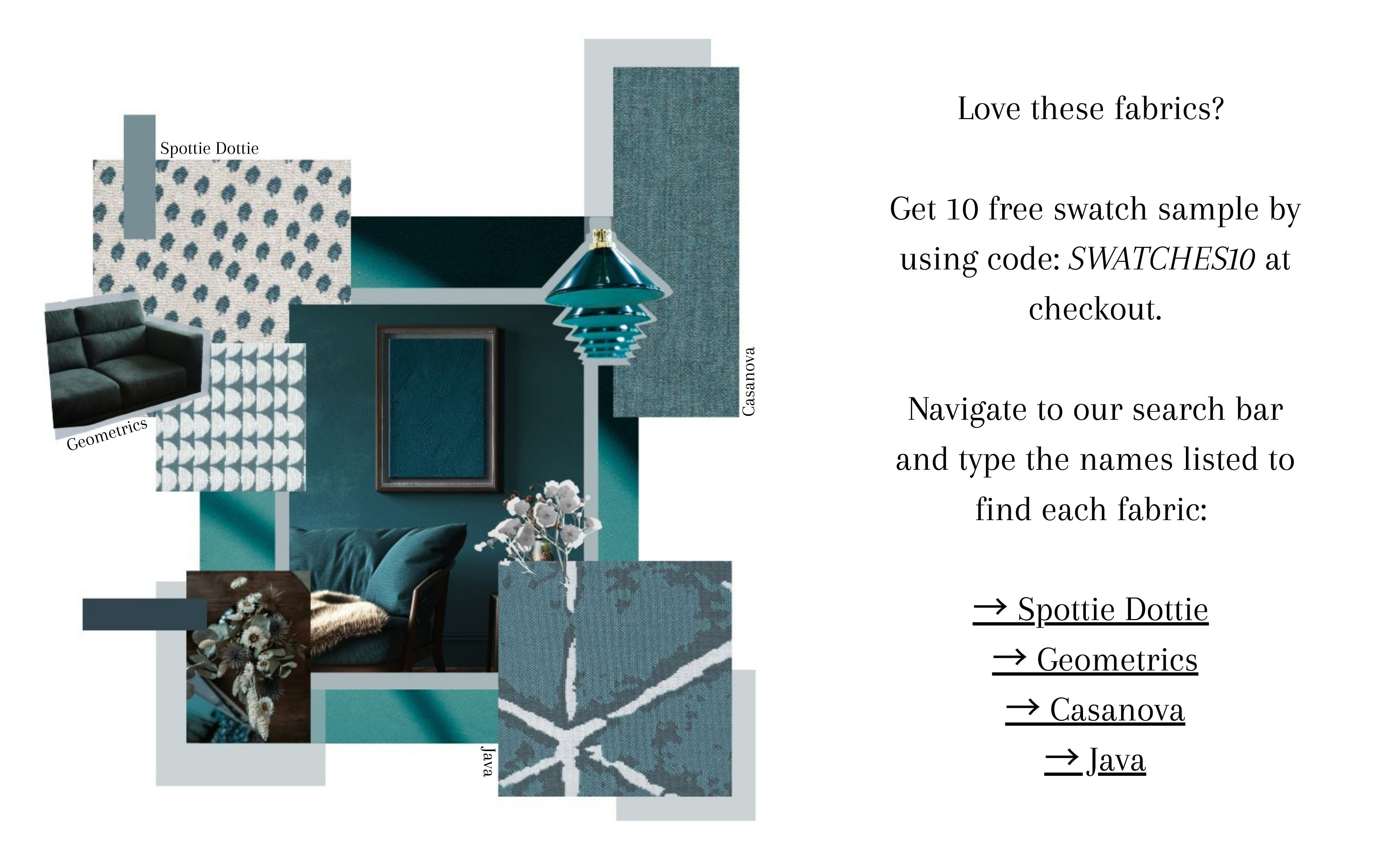 Teal interior design inspiration mood board featuring layered teal upholstery fabrics, geometric and dotted patterns, a modern teal living space vignette, textured woven swatches, and coordinating decor elements, showcasing how teal creates a calming, expressive, and timeless palette for interiors and home textiles.