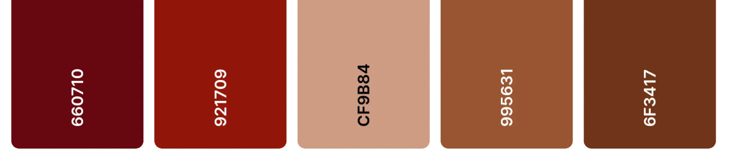 Burgundy and earthy color palette featuring deep wine hex 660710, warm brick red 921709, soft blush beige CF9B84, caramel brown 995631, and rich chocolate brown 6F3417, offering a cohesive range of tones for burgundy-inspired interior, fashion, and design projects.