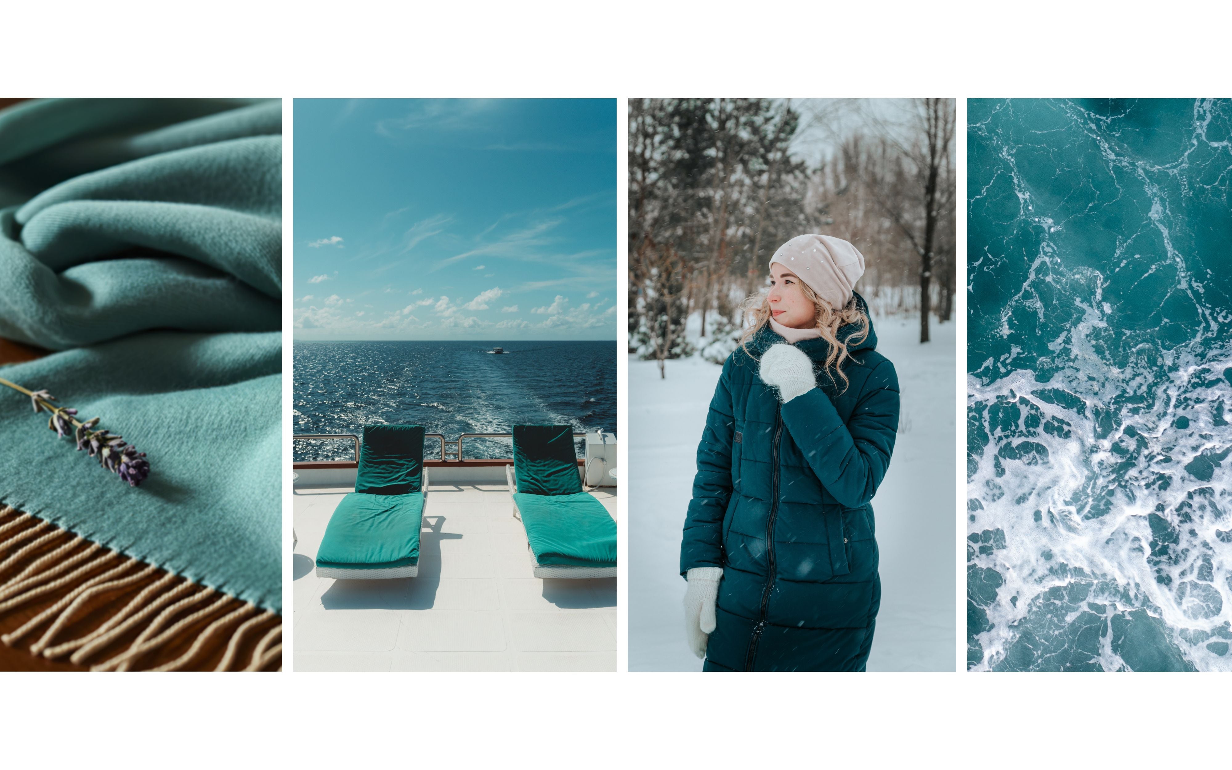 Teal interior design inspiration showcasing teal tones across textiles, outdoor spaces, seasonal styling, and nature-inspired imagery, highlighting teal as a versatile color embraced year-round in home and lifestyle design.