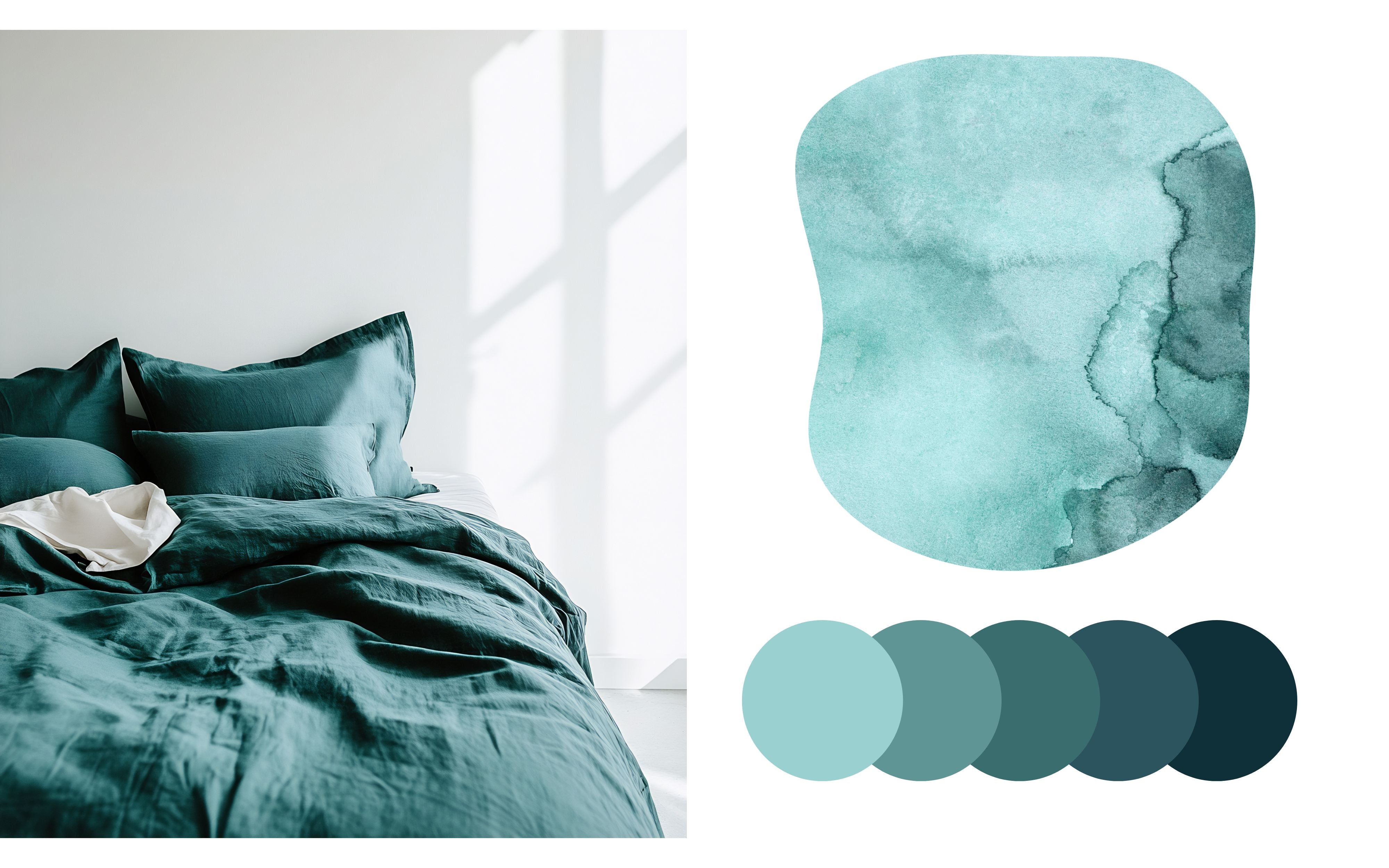 Teal interior design inspiration featuring layered teal bedding in a light-filled bedroom alongside a tonal teal color palette, illustrating how blue-green hues create a sense of calm, depth, and emotional balance in modern home interiors.