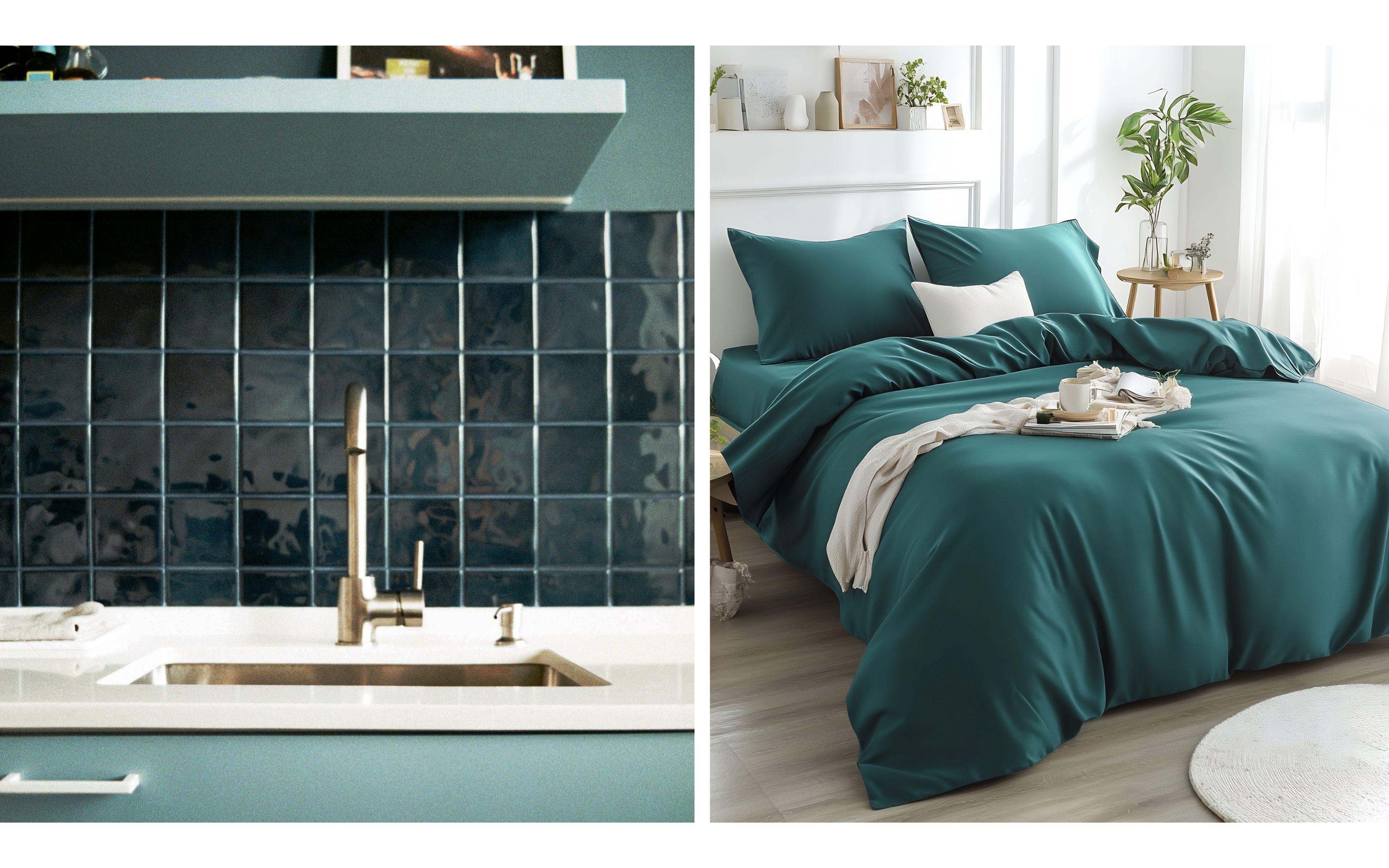 Teal interior design inspiration showing a modern kitchen with glossy teal tile and cabinetry paired with a brass faucet, alongside a serene bedroom styled with layered teal bedding and soft neutral accents, highlighting teal’s calming, nature-inspired appeal in home interiors.