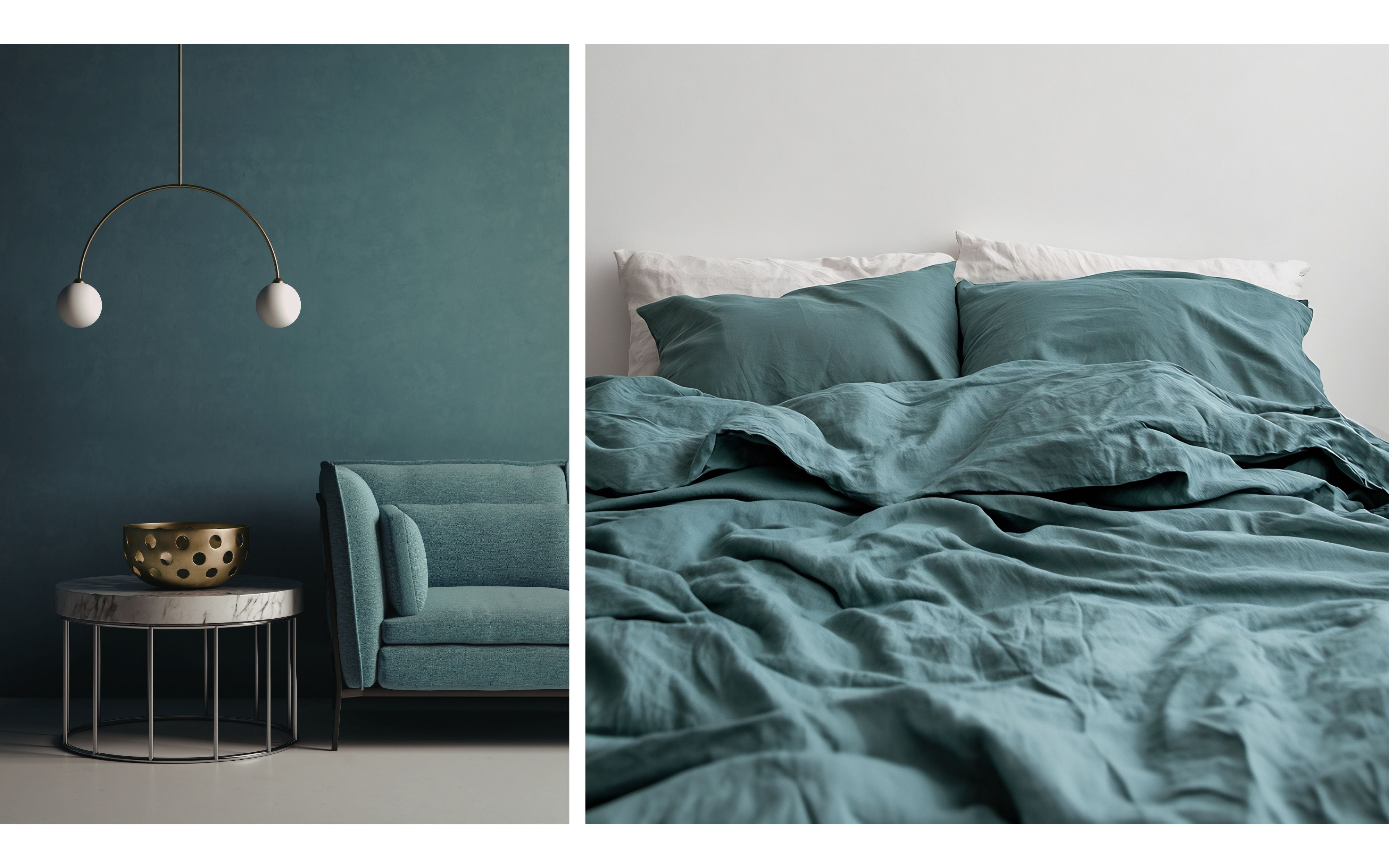 Teal interior design inspiration showcasing muted teal upholstery and bedding styled with minimal décor and soft lighting, reflecting the quiet luxury movement through calm, refined, and intentionally layered home interiors.