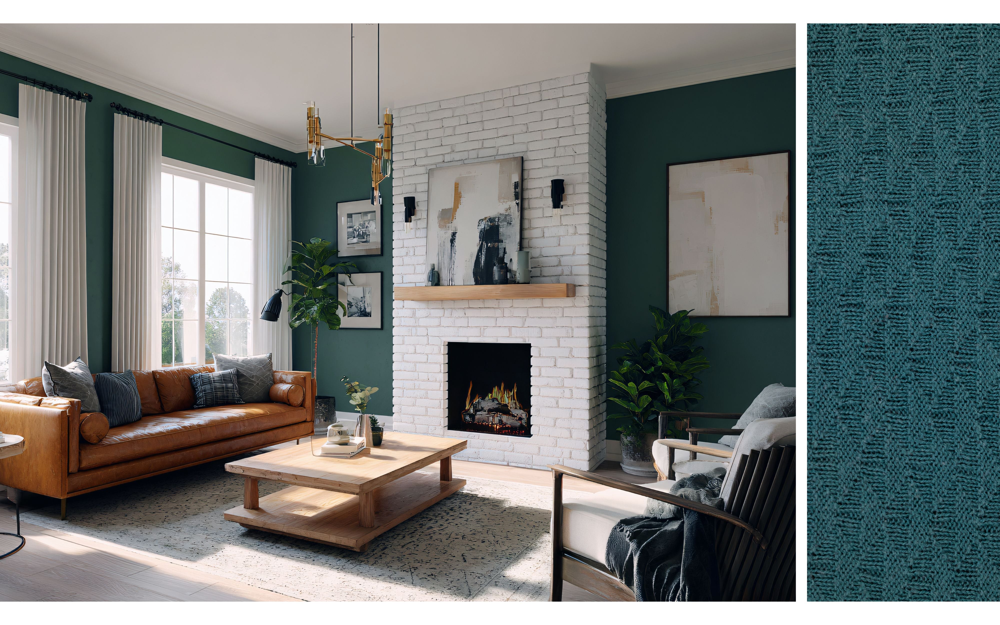 Teal interior design inspiration showcasing a modern living space with deep teal walls, natural wood furniture, soft leather seating, layered textiles, and warm brass accents, reflecting the shift toward calm, organic, and expressive home interiors for 2026.