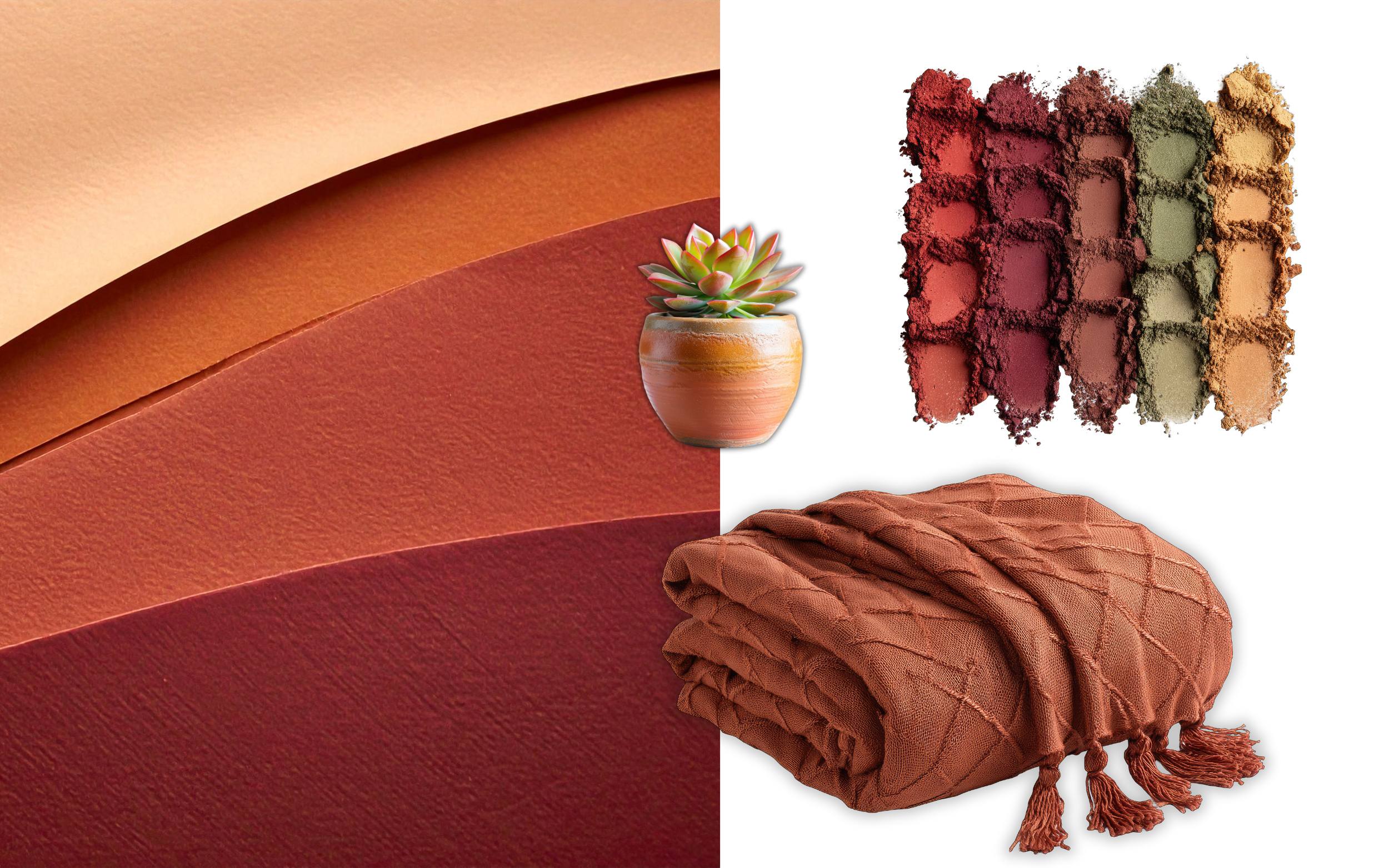 Warm terracotta and earthy color trend inspiration featuring layered terracotta and burgundy textures, a small succulent in a rustic clay pot, a makeup palette with terracotta, burgundy, olive, and gold pigments, and a cozy terracotta throw blanket with tassels, highlighting earthy red tones in décor, beauty, and lifestyle design.