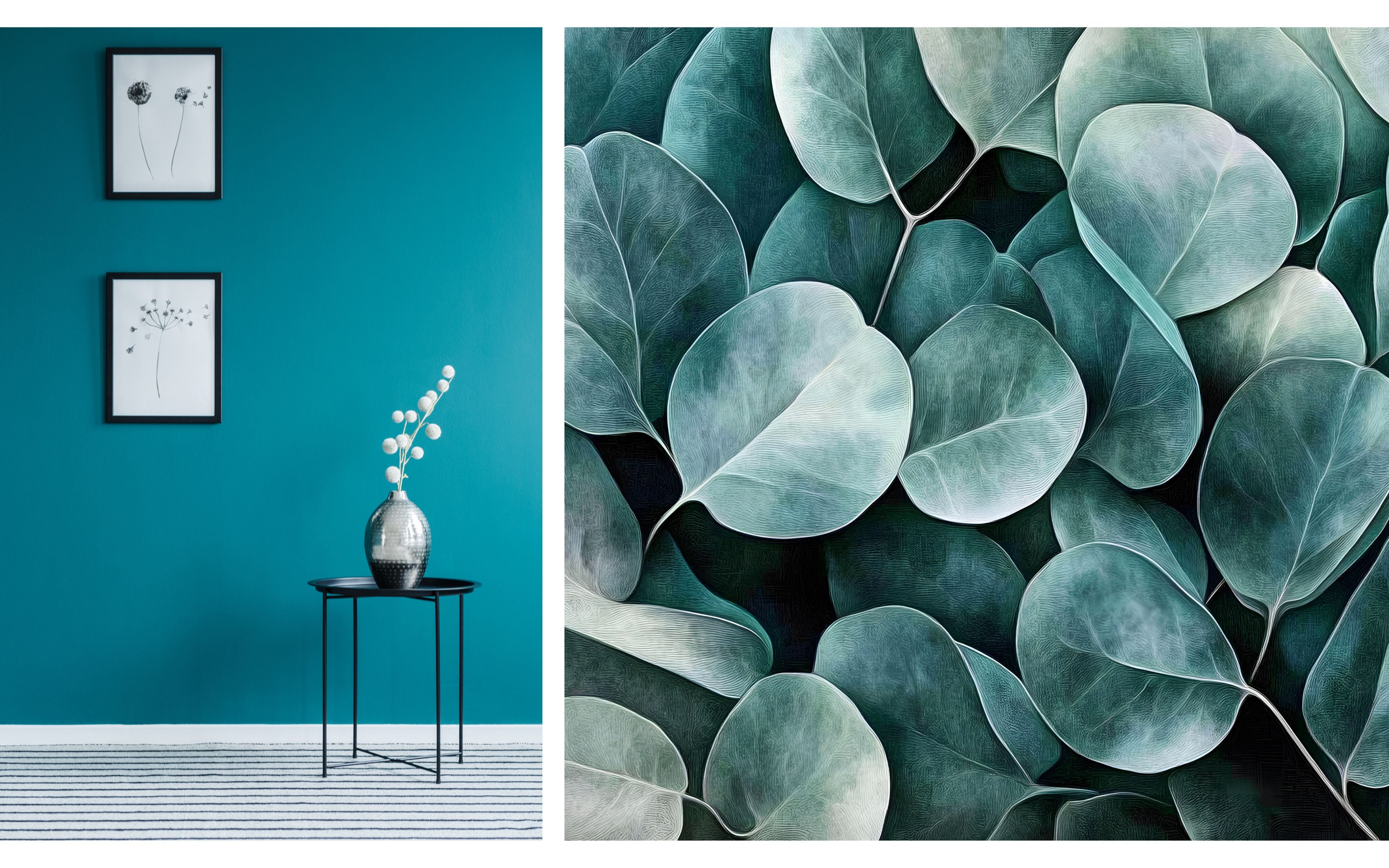 Teal interior design inspiration illustrating the depth and versatility of teal, featuring a saturated teal wall paired with minimalist decor alongside layered blue-green botanical textures that highlight teal’s balance of calm, richness, and natural influence.