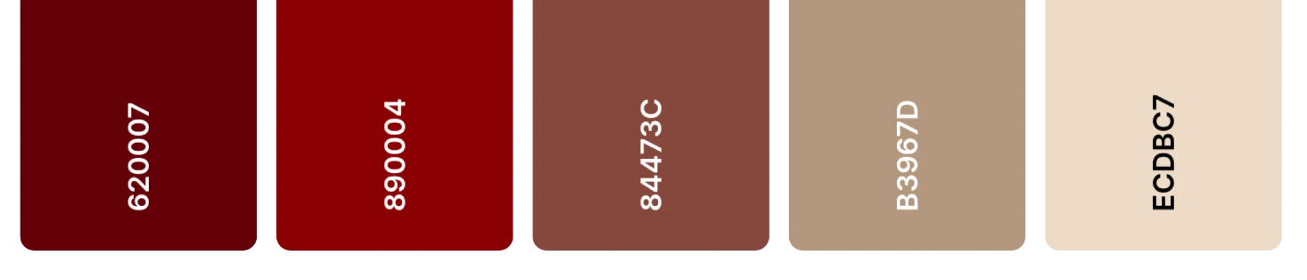 Burgundy and neutral color palette featuring deep red hex code 620007, rich crimson 890004, warm brown 84473C, taupe beige B3967D, and soft cream ECDBC7, showcasing a versatile gradient for burgundy-inspired interior and design projects.