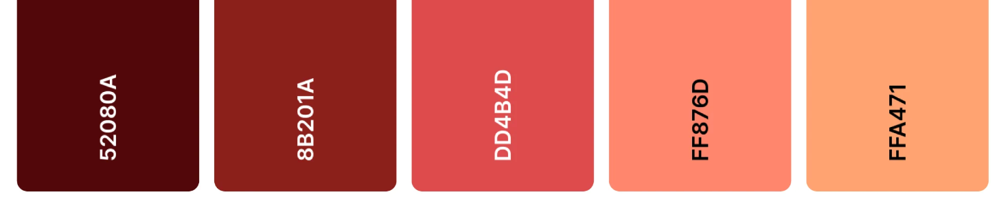 Warm burgundy-to-peach color palette featuring deep wine hex 52080A, rich red-brown 8B201A, muted rose DD4B4D, soft coral FF876D, and warm peach FFA471, offering a harmonious gradient for burgundy-inspired design, branding, and interior styling.