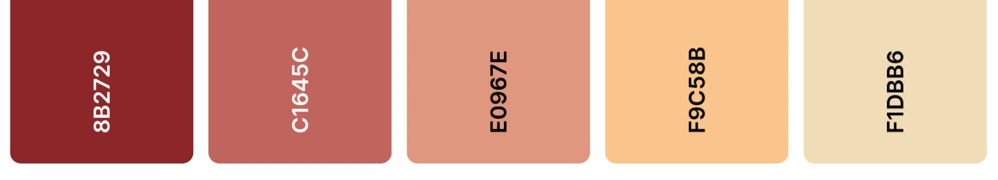 Burgundy and blush color palette inspired by soft textured artwork, featuring deep red hex 8B2729, dusty rose C1645C, muted peach E0967E, warm golden beige F9C58B, and light cream F1DBB6, creating a harmonious gradient for interior, branding, and design projects influenced by burgundy tones.